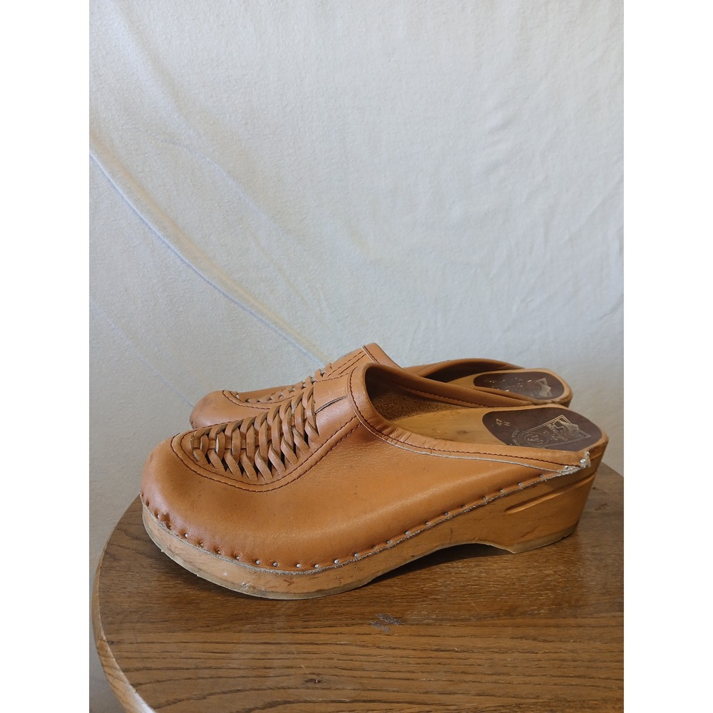 Swedish wooden clogs leather handstitched EU 47 US 13 hippie boho eclectic - Picture 1 of 8